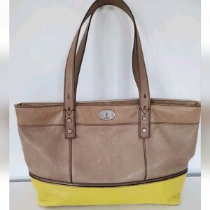FOSSIL Taupe/Yellow Leather HUNTER Tote Bag Shoulder Shopper 90s Color Block